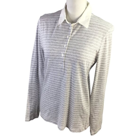 Amina Rubinacci Italy Polo Long Sleeve Gray White Stripe Cotton Size 48 or US 12 - Picture 2 of 10